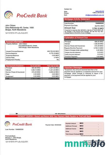 Macedonia Północna ProCredit Bank wyciąg z kredytu hipotecznego szablon Word i PDF